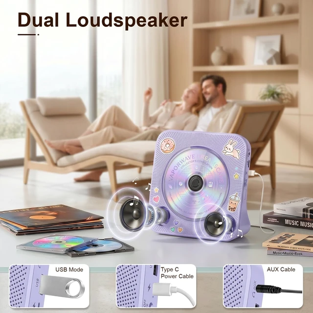 Alt view image 3 of 7 - CD Player Portable Bluetooth Desktop CD Players for Home Portable CD Player with Bluetooth with Timer Built-in HiFi Speakers with LCD Screen Display Boombox FM Radio USB Type-C