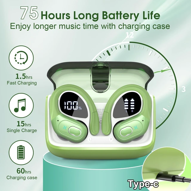 Alt view image 2 of 7 - Wireless Earbuds 75H Bluetooth 5.4 Sport Headphones with Earhooks, Green IPX7 Waterproof In-ear Buds Feature ENC Noise Cancelling Mic & Deep Bass. Stereo Sound Device for Gym Running Workout