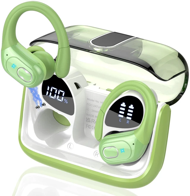 Main image of Wireless Earbuds 75H Bluetooth 5.4 Sport Headphones with Earhooks, Green IPX7 Waterproof In-ear Buds Feature ENC Noise Cancelling Mic & Deep Bass. Stereo Sound Device for Gym Running Workout