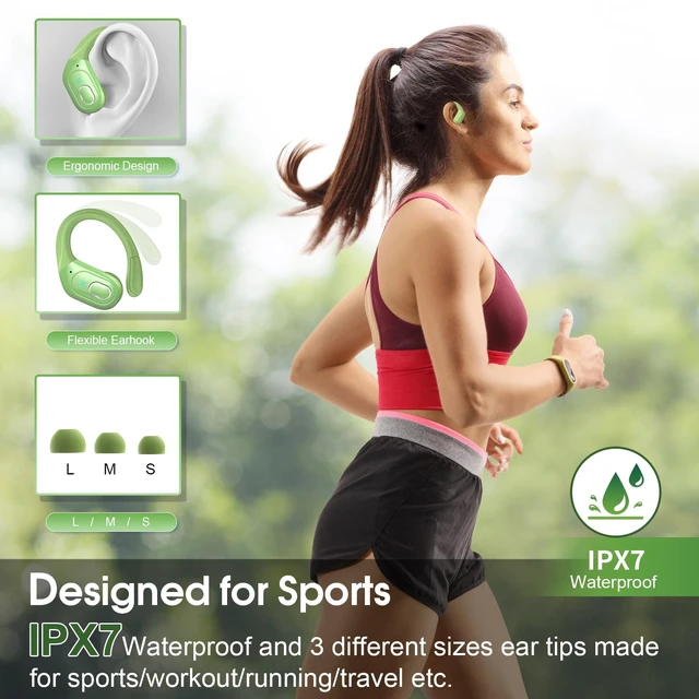 Alt view image 3 of 7 - Wireless Earbuds 75H Bluetooth 5.4 Sport Headphones with Earhooks, Green IPX7 Waterproof In-ear Buds Feature ENC Noise Cancelling Mic & Deep Bass. Stereo Sound Device for Gym Running Workout