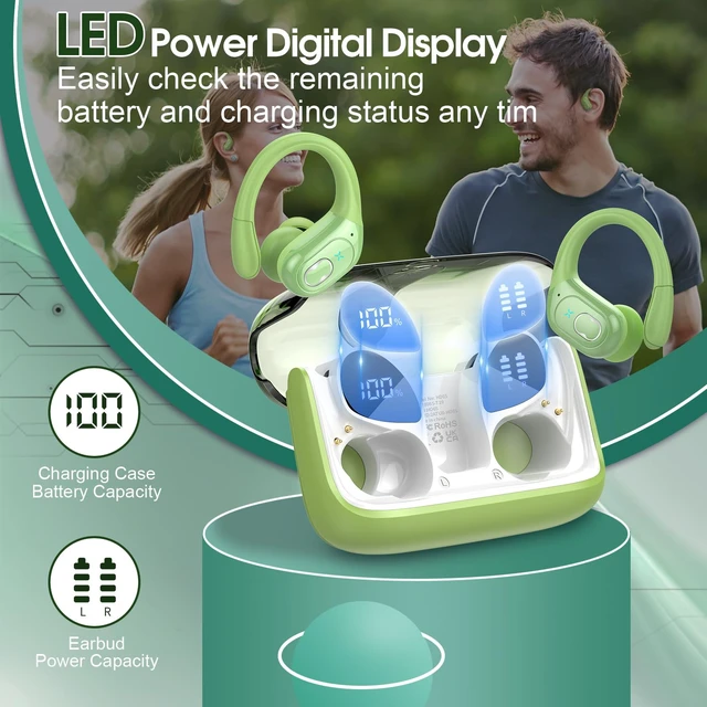 Alt view image 4 of 7 - Wireless Earbuds 75H Bluetooth 5.4 Sport Headphones with Earhooks, Green IPX7 Waterproof In-ear Buds Feature ENC Noise Cancelling Mic & Deep Bass. Stereo Sound Device for Gym Running Workout