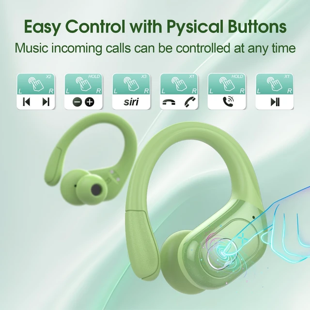 Alt view image 7 of 7 - Wireless Earbuds 75H Bluetooth 5.4 Sport Headphones with Earhooks, Green IPX7 Waterproof In-ear Buds Feature ENC Noise Cancelling Mic & Deep Bass. Stereo Sound Device for Gym Running Workout