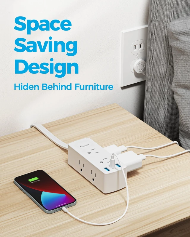 Alt view image 5 of 7 - Flat Plug Power Strip with 1 FT Extension Cord, 6 Outlets 3 USB Ports(1 USB C), 3 Sided Outlet Extender for Home Office Travel Dorm Room Essentials, White