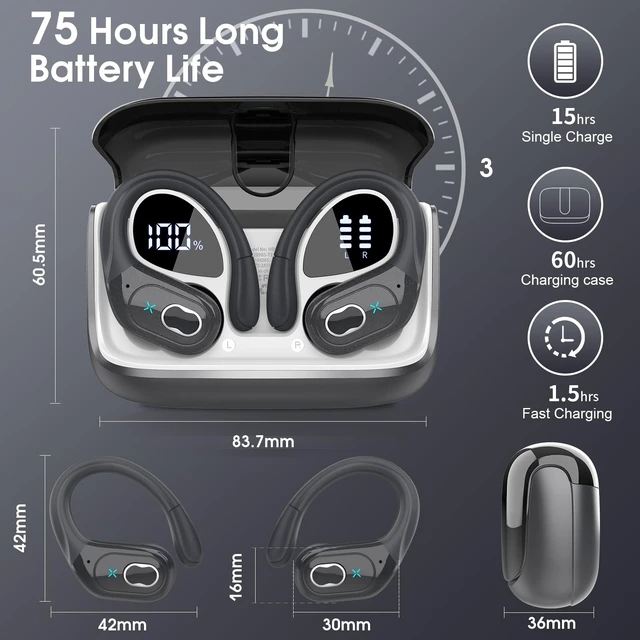 Alt view image 2 of 7 - Wireless Earbuds 75H Bluetooth 5.4 Sport Headphones with Earhooks IPX7 Waterproof In-ear Buds Feature ENC Noise Cancelling Mic. Stereo Sound Device for Gym Running Workout, Iron Gray