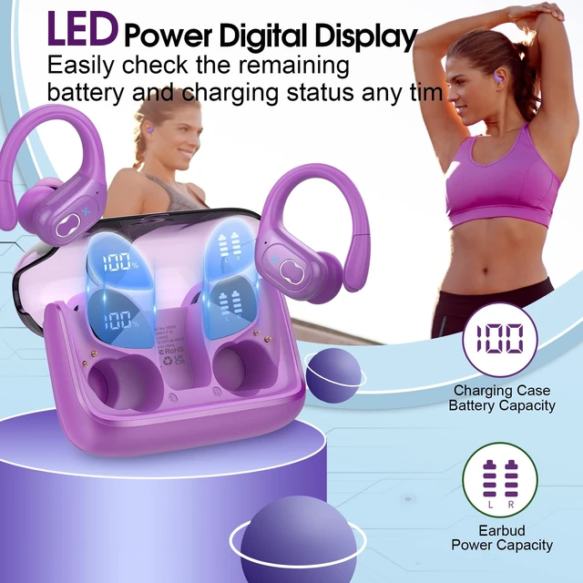 Alt view image 2 of 7 - Wireless Earbuds 75H Bluetooth 5.4 Sport Headphones with Earhooks, Purple IPX7 Waterproof In-ear Buds Feature ENC Noise Cancelling Mic & Deep Bass. Stereo Sound Device for Gym Running Workout