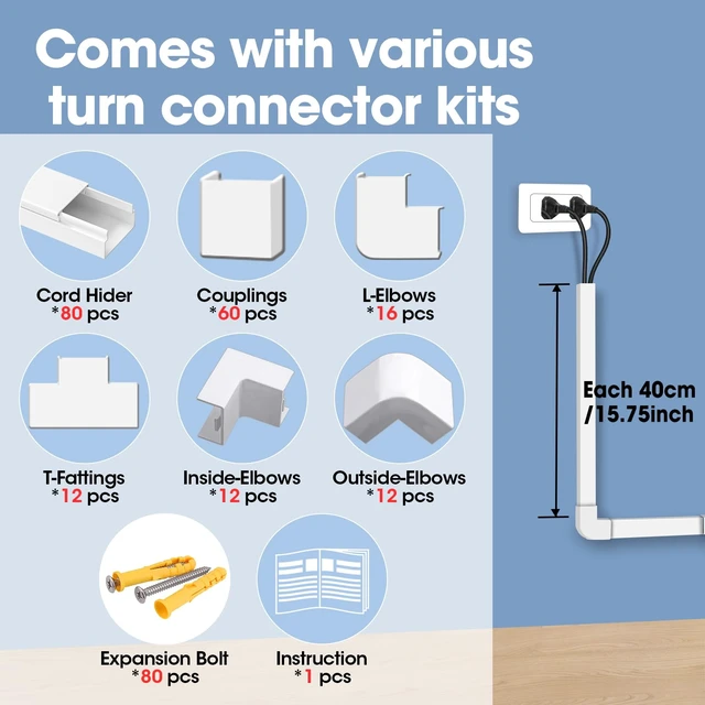 Alt view image 3 of 6 - 1260in Cord Hider Kit, Cord Covers for Wires on Wall, Paintable Cable Raceway, Cord Hider for Wall Mount tv, tv Cable Hider Wall kit, Wire Covers for Cords, 80X L15.75 X W0.96in X H0.57in, White