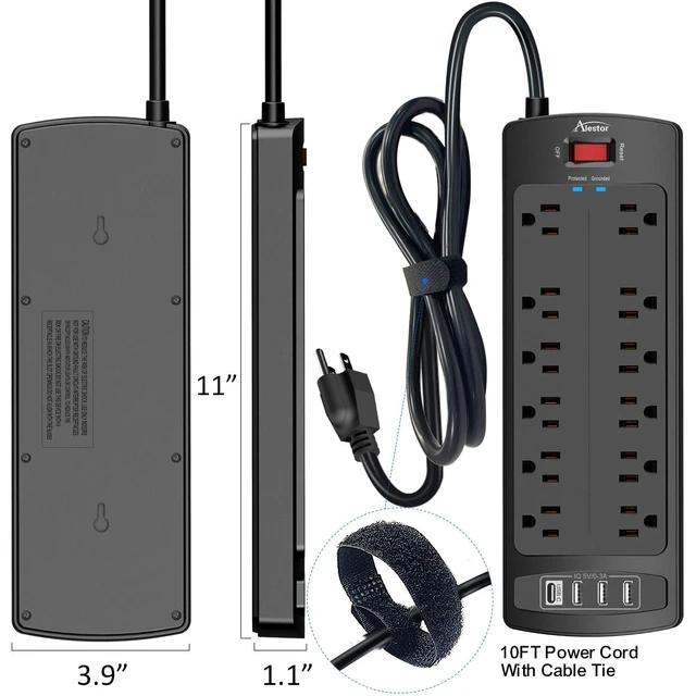 Alt view image 7 of 7 - 10 Ft Surge Protector Power Strip with 12 Outlets and 4 USB Ports 2700 Joules, 10 Feet Heavy Duty Extension Cord with Multiple Outlets for Home, Office, Dorm Room, ETL, Black