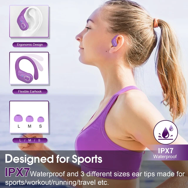 Alt view image 5 of 7 - Wireless Earbuds 75H Bluetooth 5.4 Sport Headphones with Earhooks, Purple IPX7 Waterproof In-ear Buds Feature ENC Noise Cancelling Mic & Deep Bass. Stereo Sound Device for Gym Running Workout