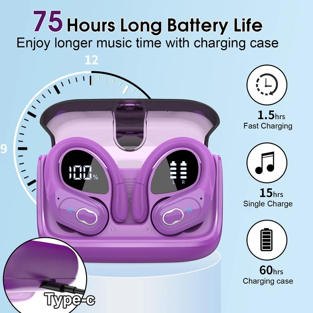 Alt view image 6 of 7 - Wireless Earbuds 75H Bluetooth 5.4 Sport Headphones with Earhooks, Purple IPX7 Waterproof In-ear Buds Feature ENC Noise Cancelling Mic & Deep Bass. Stereo Sound Device for Gym Running Workout