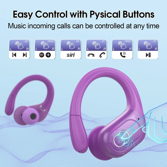 Alt view image 7 of 7 - Wireless Earbuds 75H Bluetooth 5.4 Sport Headphones with Earhooks, Purple IPX7 Waterproof In-ear Buds Feature ENC Noise Cancelling Mic & Deep Bass. Stereo Sound Device for Gym Running Workout