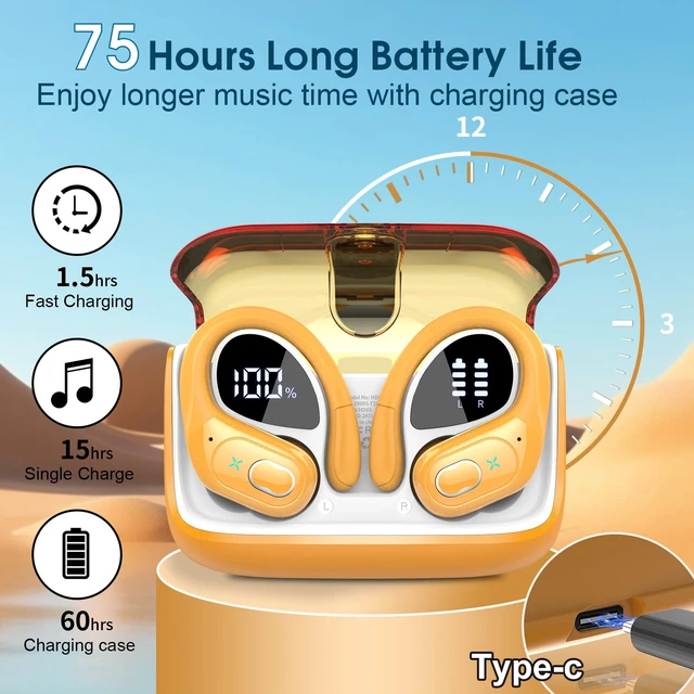 Alt view image 2 of 7 - Wireless Earbuds 75H Bluetooth 5.4 Sport Headphones with Earhooks, Yellow IPX7 Waterproof In-ear Buds Feature ENC Noise Cancelling Mic & Deep Bass. Stereo Sound Device for Gym Running Workout