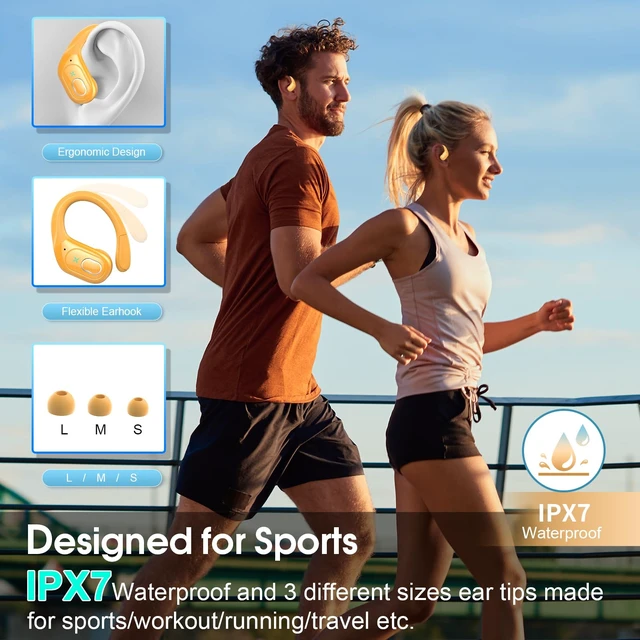 Alt view image 3 of 7 - Wireless Earbuds 75H Bluetooth 5.4 Sport Headphones with Earhooks, Yellow IPX7 Waterproof In-ear Buds Feature ENC Noise Cancelling Mic & Deep Bass. Stereo Sound Device for Gym Running Workout