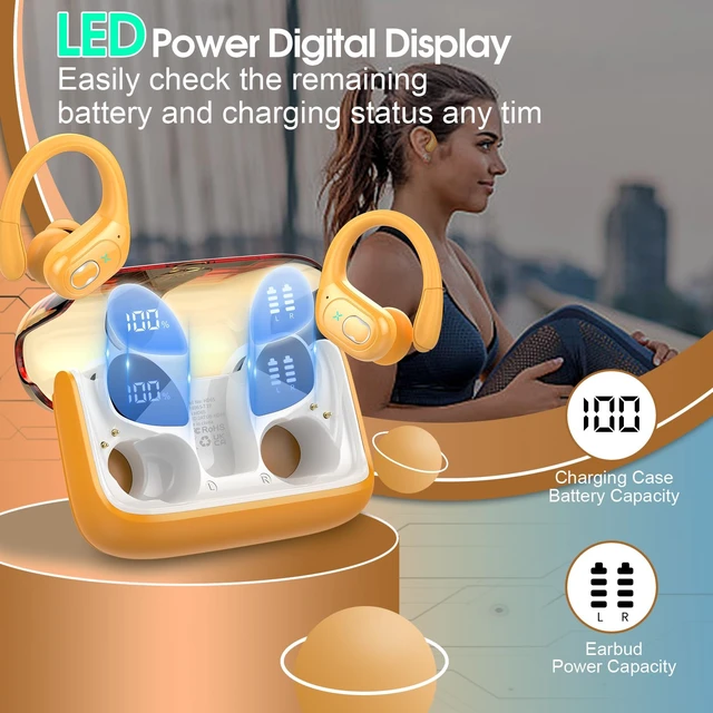 Alt view image 5 of 7 - Wireless Earbuds 75H Bluetooth 5.4 Sport Headphones with Earhooks, Yellow IPX7 Waterproof In-ear Buds Feature ENC Noise Cancelling Mic & Deep Bass. Stereo Sound Device for Gym Running Workout