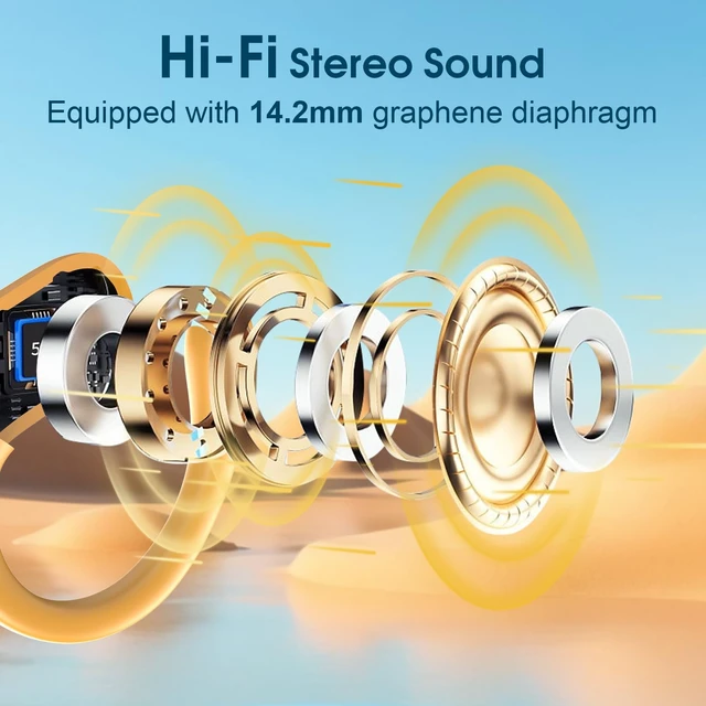 Alt view image 6 of 7 - Wireless Earbuds 75H Bluetooth 5.4 Sport Headphones with Earhooks, Yellow IPX7 Waterproof In-ear Buds Feature ENC Noise Cancelling Mic & Deep Bass. Stereo Sound Device for Gym Running Workout
