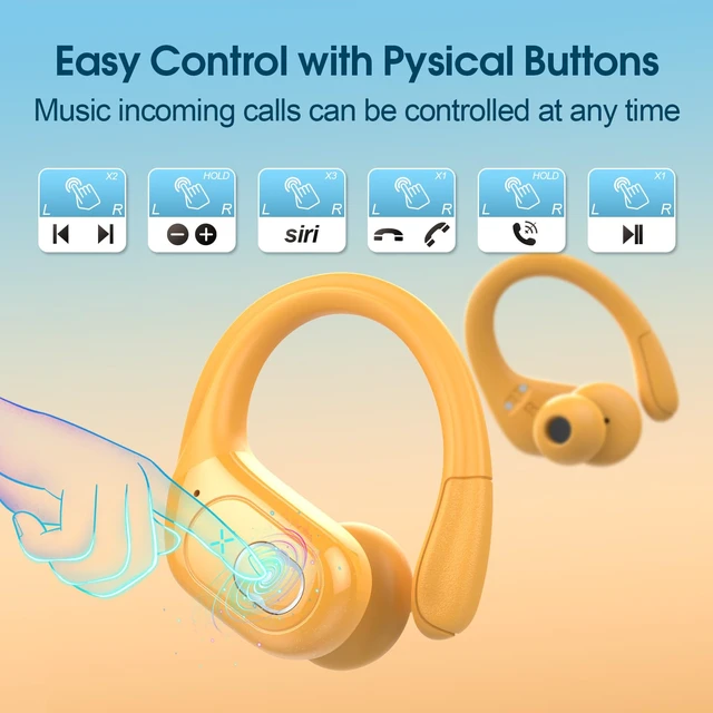 Alt view image 7 of 7 - Wireless Earbuds 75H Bluetooth 5.4 Sport Headphones with Earhooks, Yellow IPX7 Waterproof In-ear Buds Feature ENC Noise Cancelling Mic & Deep Bass. Stereo Sound Device for Gym Running Workout
