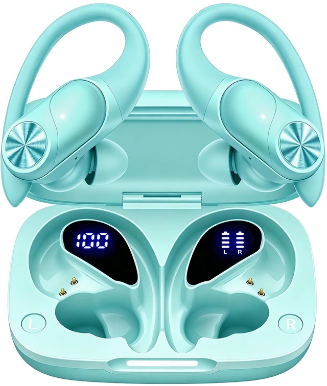 Main image of Bluetooth Headphones Wireless Earbuds 80hrs Playtime Wireless Charging Case Digital Display Sport Ear buds with Earhook Deep Bass IPX7 Waterproof Over-Ear Earphones for Phone Laptop Mint Green