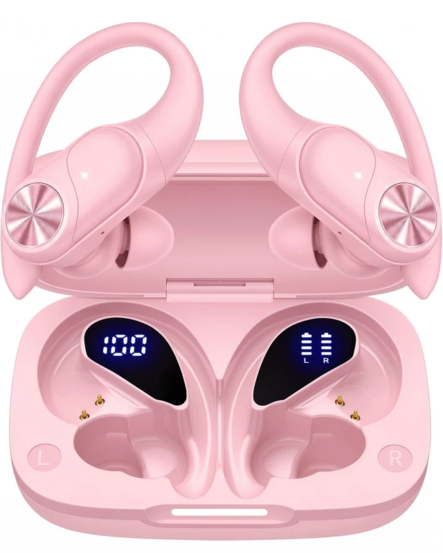 Main image of Bluetooth Headphones Wireless Earbuds 80hrs Playtime Wireless Charging Case Digital Display Sports Ear Buds with Earhook Deep Bass IPX7 Waterproof Over-Ear Earphones for TV Phone Laptop Pink