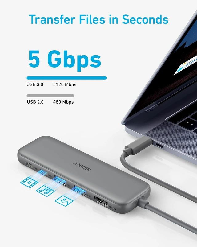 Alt view image 4 of 7 - USB C Hub, 5-in-1 USBC to HDMI Splitter with 4K Display 85W Max PD, 1 Powered USB-C 5Gbps & 2 Powered USB-A 3.0 5Gbps Data Ports, for MacBook Pro, MacBook Air, Dell and More (Grey)