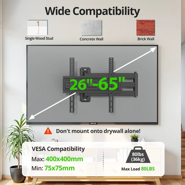 Alt view image 3 of 7 - Corner TV Wall Mount with 31.22" Long Arm for 26-65 Inch TVs up to 80 lbs, Full Motion TV Wall Mount Bracket with Swivel and Tilt, Max VESA 400x400mm fit Most 32 40 42 43 50 55 60 65 TVs