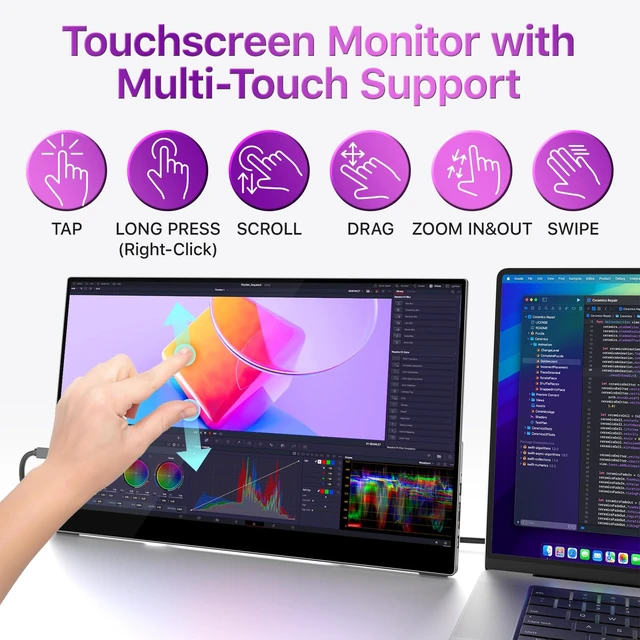 Alt view image 2 of 7 - Portable Monitor Touchscreen 15.6 Inch 1080P FHD 90% sRGB Travel Monitor with Speaker HDMI USB-C Second Screen for Laptop MacBook Surface PC Xbox PS4/5, VESA Mountable, with Touchscreen
