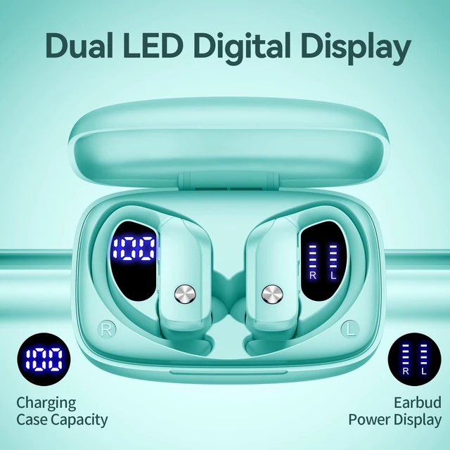 Alt view image 2 of 6 - Ear Buds Wireless Earbuds Bluetooth Headphones with 80H Playtime LED Display Case, Over-Ear Hook with Mic, Stereo Sound, Easy Button Controls, Sports Earphones for Running Workout Gym Mint Green