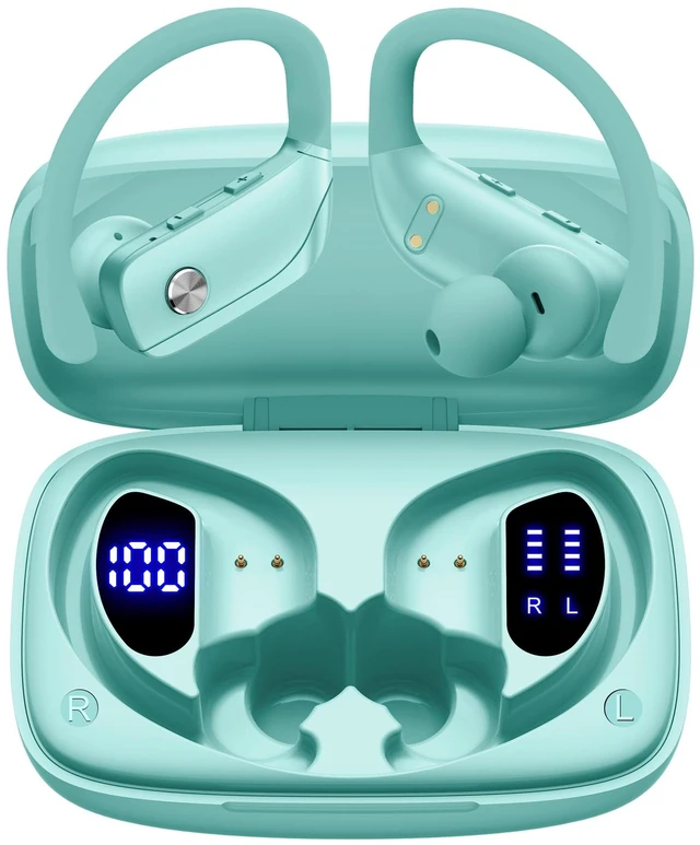 Main image of Ear Buds Wireless Earbuds Bluetooth Headphones with 80H Playtime LED Display Case, Over-Ear Hook with Mic, Stereo Sound, Easy Button Controls, Sports Earphones for Running Workout Gym Mint Green