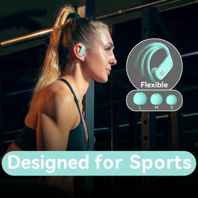 Alt view image 6 of 6 - Ear Buds Wireless Earbuds Bluetooth Headphones with 80H Playtime LED Display Case, Over-Ear Hook with Mic, Stereo Sound, Easy Button Controls, Sports Earphones for Running Workout Gym Mint Green