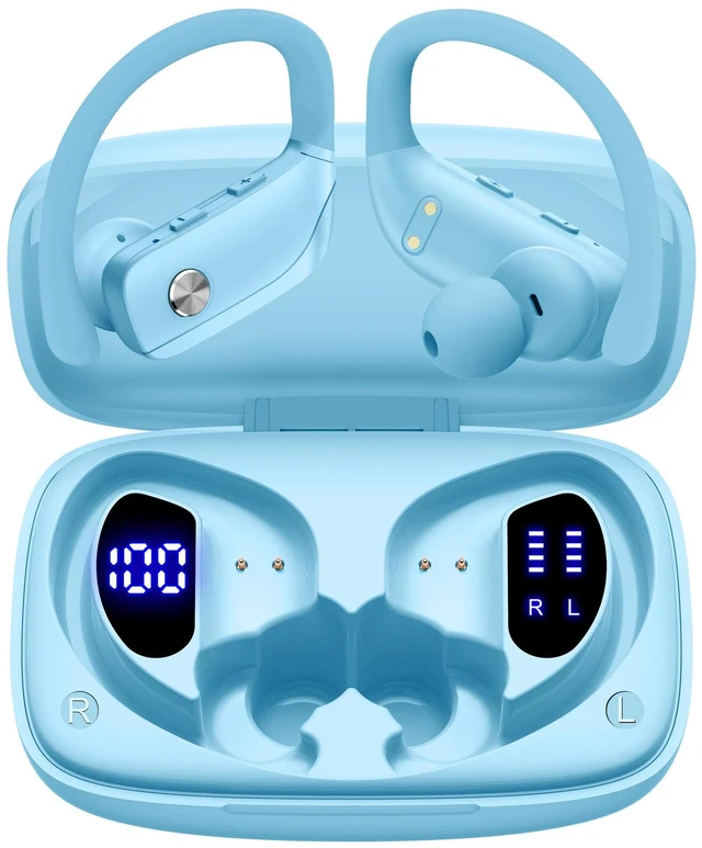 Main image of Ear Buds Wireless Earbuds Bluetooth Headphones with 80H Playtime LED Display Case, Over-Ear Hook with Mic, Stereo Sound, Easy Button Controls, Sports Earphones for Running Workout Sky Blue