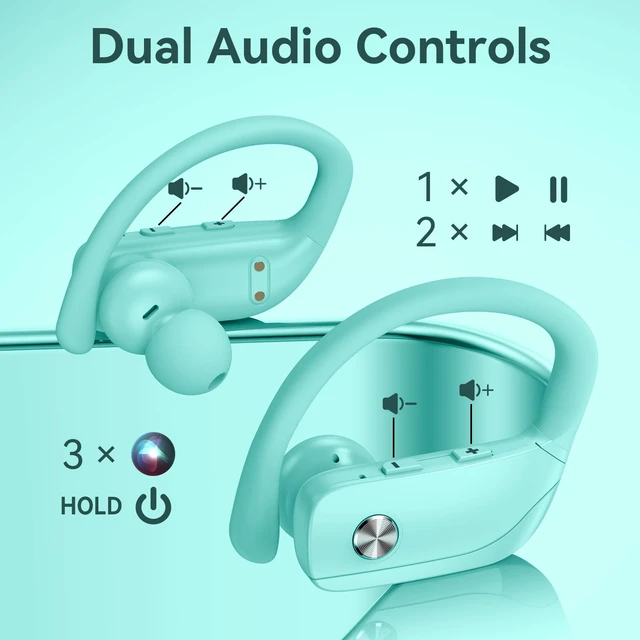 Alt view image 4 of 6 - Ear Buds Wireless Earbuds Bluetooth Headphones with 80H Playtime LED Display Case, Over-Ear Hook with Mic, Stereo Sound, Easy Button Controls, Sports Earphones for Running Workout Gym Mint Green