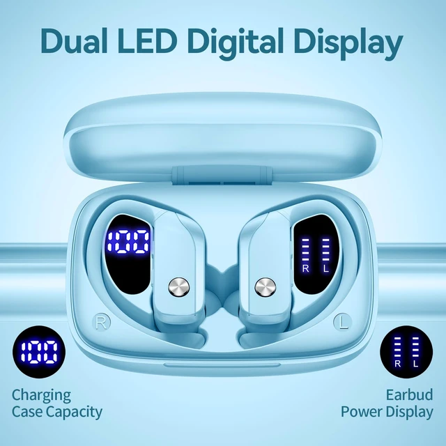 Alt view image 2 of 6 - Ear Buds Wireless Earbuds Bluetooth Headphones with 80H Playtime LED Display Case, Over-Ear Hook with Mic, Stereo Sound, Easy Button Controls, Sports Earphones for Running Workout Sky Blue