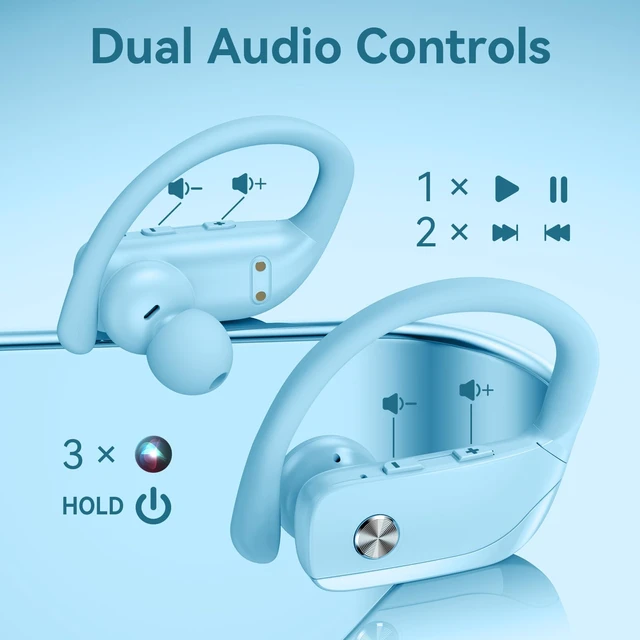 Alt view image 4 of 6 - Ear Buds Wireless Earbuds Bluetooth Headphones with 80H Playtime LED Display Case, Over-Ear Hook with Mic, Stereo Sound, Easy Button Controls, Sports Earphones for Running Workout Sky Blue