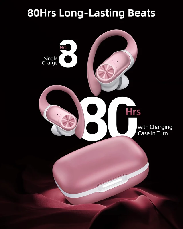 Alt view image 2 of 6 - Bluetooth Headphones Wireless Earbuds 80hrs Playtime Wireless Charging Case Digital Display Sport Ear Buds with Earhook Deep Bass IPX7 Waterproof Over-Ear Earphones for Phone Laptop Rose Gold