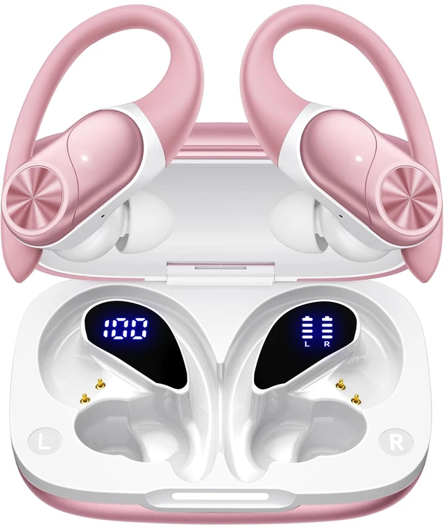 Main image of Bluetooth Headphones Wireless Earbuds 80hrs Playtime Wireless Charging Case Digital Display Sport Ear Buds with Earhook Deep Bass IPX7 Waterproof Over-Ear Earphones for Phone Laptop Rose Gold