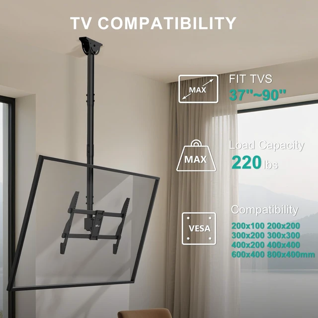 Alt view image 2 of 7 - Long Arm Ceiling TV Mount for Most 37-90 inch Large TVs, up to 220 lbs Hanging Pole Ceiling Mount TV Bracket, Full Motion with Height Adjustment, Tilt, Swivel, Max VESA 800x400mm (CM3790XL), Black