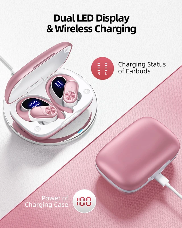 Alt view image 3 of 6 - Bluetooth Headphones Wireless Earbuds 80hrs Playtime Wireless Charging Case Digital Display Sport Ear Buds with Earhook Deep Bass IPX7 Waterproof Over-Ear Earphones for Phone Laptop Rose Gold
