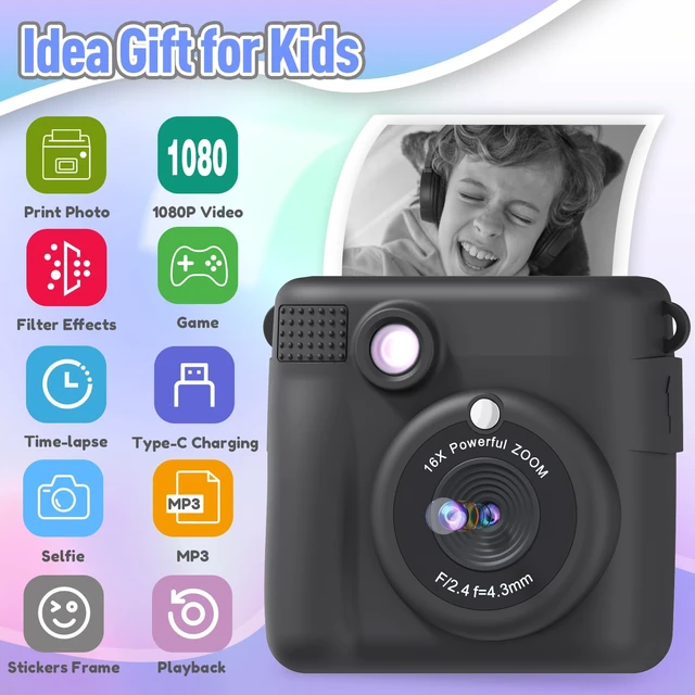 Alt view image 2 of 7 - Kids Camera Instant Print, Christmas Birthday Gifts for Kids Age 3-12, Selfie Digital Camera with 1080P Videos,Toddler Portable Travel Cameras Toy for 4 5 6 7 8 9 Year Old Boys Black