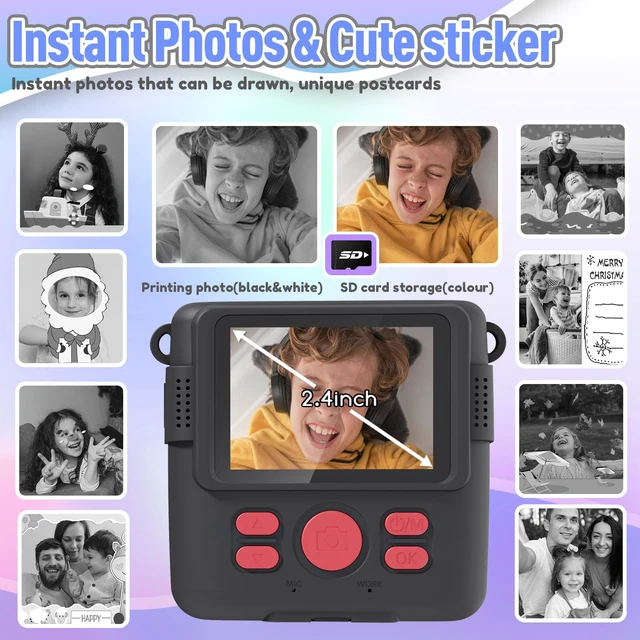 Alt view image 3 of 7 - Kids Camera Instant Print, Christmas Birthday Gifts for Kids Age 3-12, Selfie Digital Camera with 1080P Videos,Toddler Portable Travel Cameras Toy for 4 5 6 7 8 9 Year Old Boys Black
