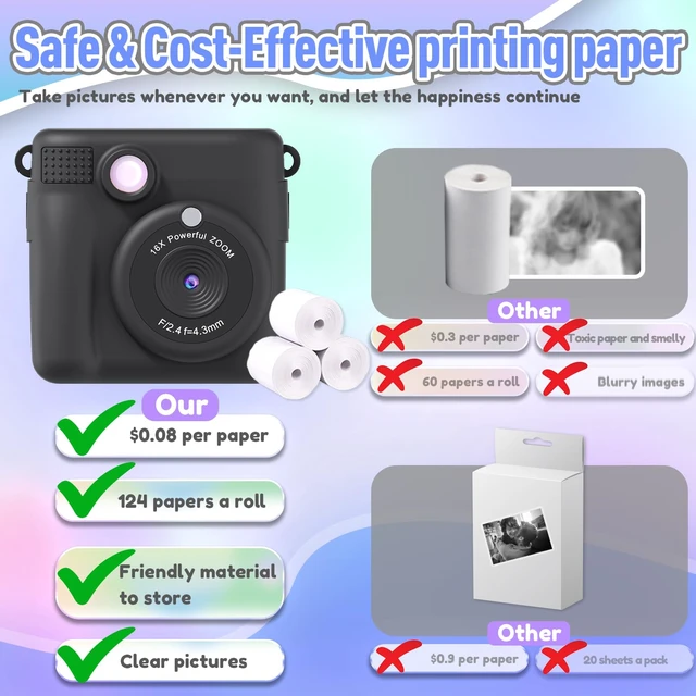 Alt view image 5 of 7 - Kids Camera Instant Print, Christmas Birthday Gifts for Kids Age 3-12, Selfie Digital Camera with 1080P Videos,Toddler Portable Travel Cameras Toy for 4 5 6 7 8 9 Year Old Boys Black