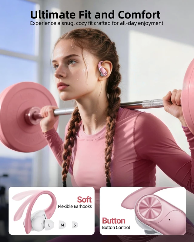 Alt view image 6 of 6 - Bluetooth Headphones Wireless Earbuds 80hrs Playtime Wireless Charging Case Digital Display Sport Ear Buds with Earhook Deep Bass IPX7 Waterproof Over-Ear Earphones for Phone Laptop Rose Gold