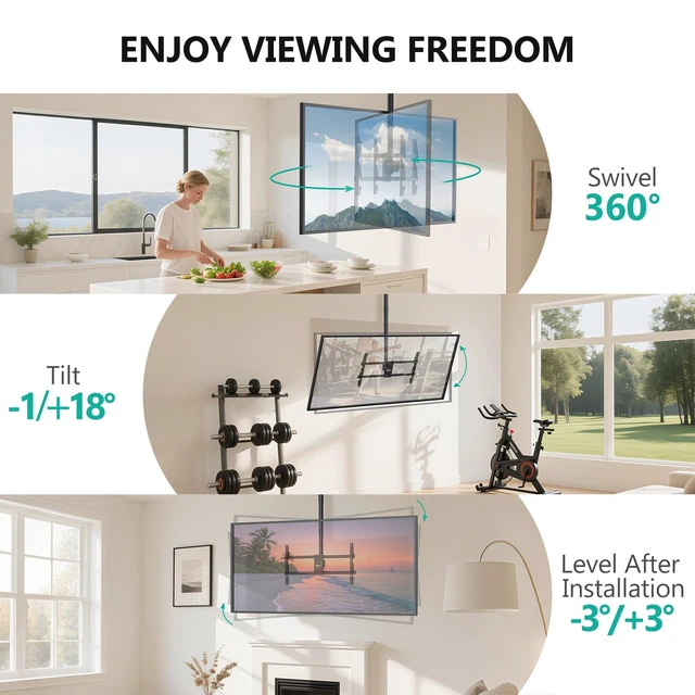 Alt view image 4 of 7 - Long Arm Ceiling TV Mount for Most 37-90 inch Large TVs, up to 220 lbs Hanging Pole Ceiling Mount TV Bracket, Full Motion with Height Adjustment, Tilt, Swivel, Max VESA 800x400mm (CM3790XL), Black