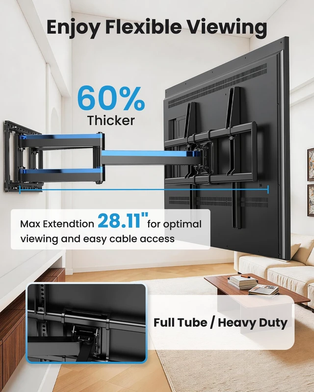 Alt view image 3 of 7 - Full Motion TV Wall Mount Bracket for 85 86 90 98 100 120 inch TVs UL Listed Heavy Duty, Fit 60-120" TVs, Hold 220lbs, VESA900x600mm, Swivel +/-65°, Tilt +/-10°, Level +/-3°, Fit 24" Stud