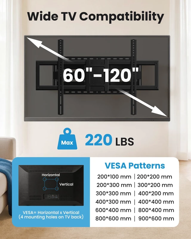 Alt view image 4 of 7 - Full Motion TV Wall Mount Bracket for 85 86 90 98 100 120 inch TVs UL Listed Heavy Duty, Fit 60-120" TVs, Hold 220lbs, VESA900x600mm, Swivel +/-65°, Tilt +/-10°, Level +/-3°, Fit 24" Stud