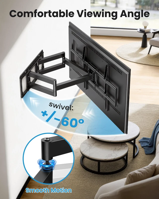 Alt view image 5 of 7 - Full Motion TV Wall Mount Bracket for 85 86 90 98 100 120 inch TVs UL Listed Heavy Duty, Fit 60-120" TVs, Hold 220lbs, VESA900x600mm, Swivel +/-65°, Tilt +/-10°, Level +/-3°, Fit 24" Stud