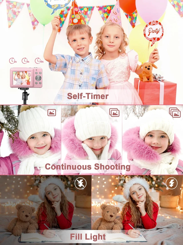 Alt view image 6 of 7 - Digital Camera FHD 1080P with 32G Card 16X Zoom Easy for Kids Pink Compact camera with anti-shake, Includes 2 batteries & charger. Perfect for parties, trips, birthdays gift from parents