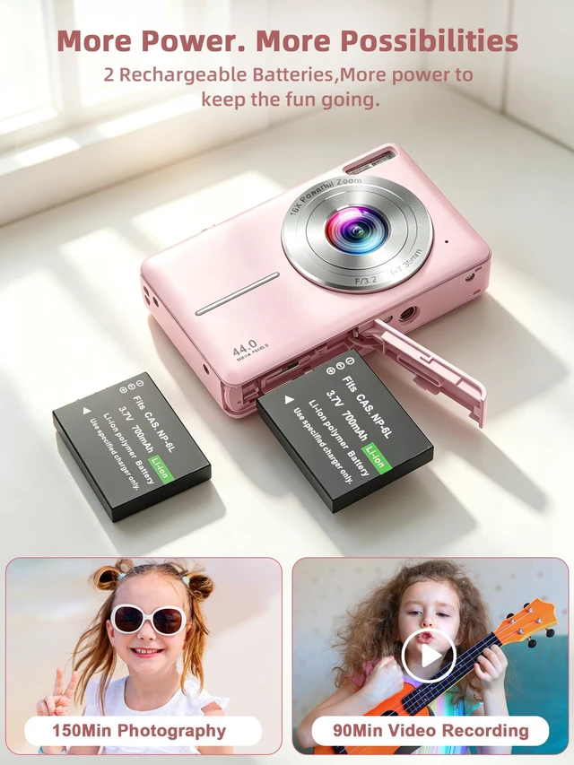 Alt view image 7 of 7 - Digital Camera FHD 1080P with 32G Card 16X Zoom Easy for Kids Pink Compact camera with anti-shake, Includes 2 batteries & charger. Perfect for parties, trips, birthdays gift from parents