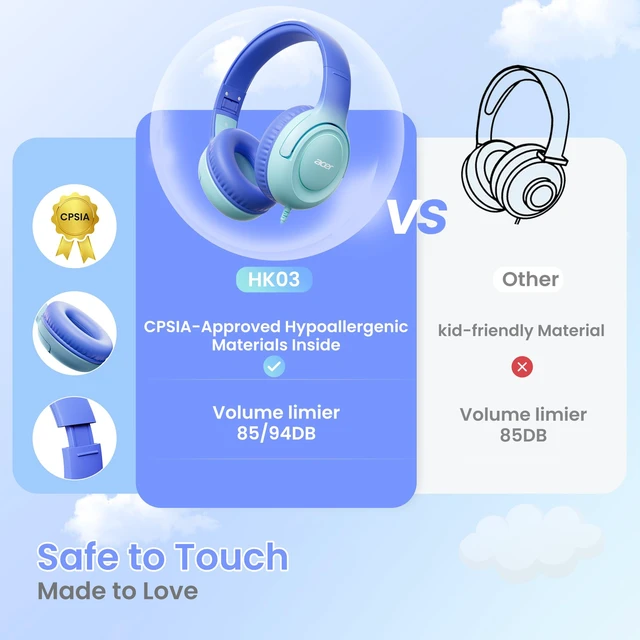 Alt view image 3 of 6 - Kids Headphones for School, 85-94dB Limiter, 3.5mm Jack, w/Mic HK03 Foldable Wired Over Ear Headphones, for Toddler School/Travel/iPad/Tablet, Blue-Gradient