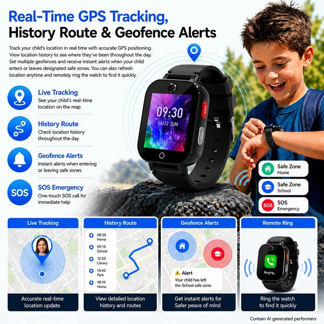 Alt view image 2 of 7 - 4G Kids Smart Watch with GPS Tracker, Video & Voice Call, SOS, WiFi, IP68 Waterproof, AI Smart Features, Parental Control Phone Watch for Boys Girls Age 3+ (SIM Card Included)