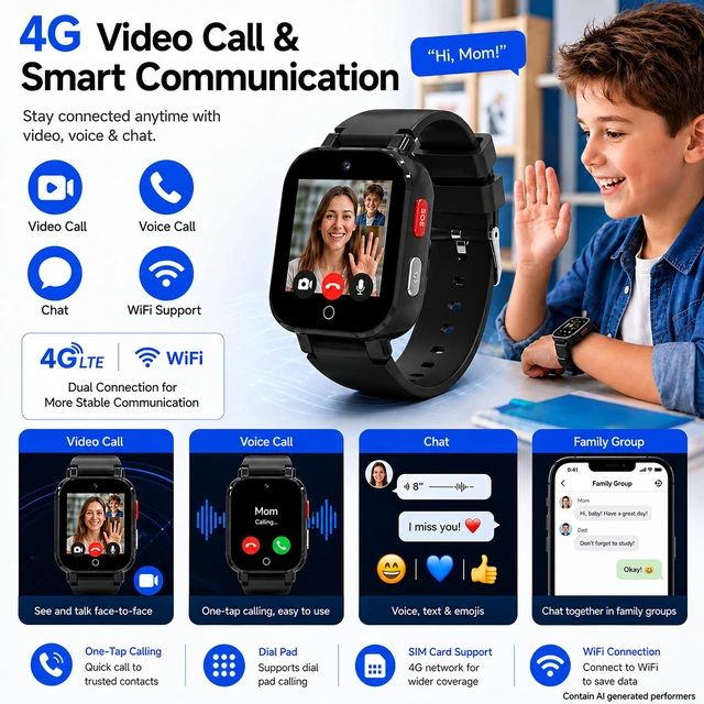 Alt view image 3 of 7 - 4G Kids Smart Watch with GPS Tracker, Video & Voice Call, SOS, WiFi, IP68 Waterproof, AI Smart Features, Parental Control Phone Watch for Boys Girls Age 3+ (SIM Card Included)
