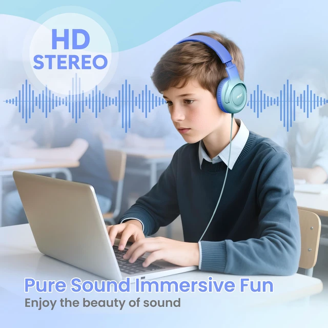 Alt view image 4 of 6 - Kids Headphones for School, 85-94dB Limiter, 3.5mm Jack, w/Mic HK03 Foldable Wired Over Ear Headphones, for Toddler School/Travel/iPad/Tablet, Blue-Gradient