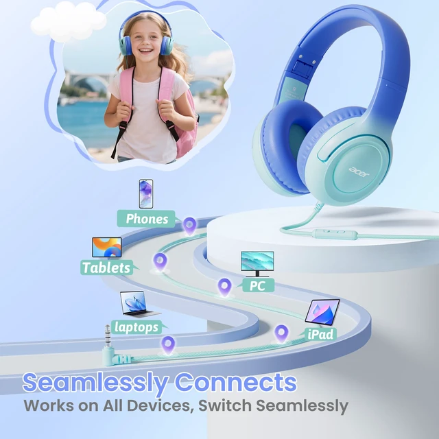Alt view image 5 of 6 - Kids Headphones for School, 85-94dB Limiter, 3.5mm Jack, w/Mic HK03 Foldable Wired Over Ear Headphones, for Toddler School/Travel/iPad/Tablet, Blue-Gradient